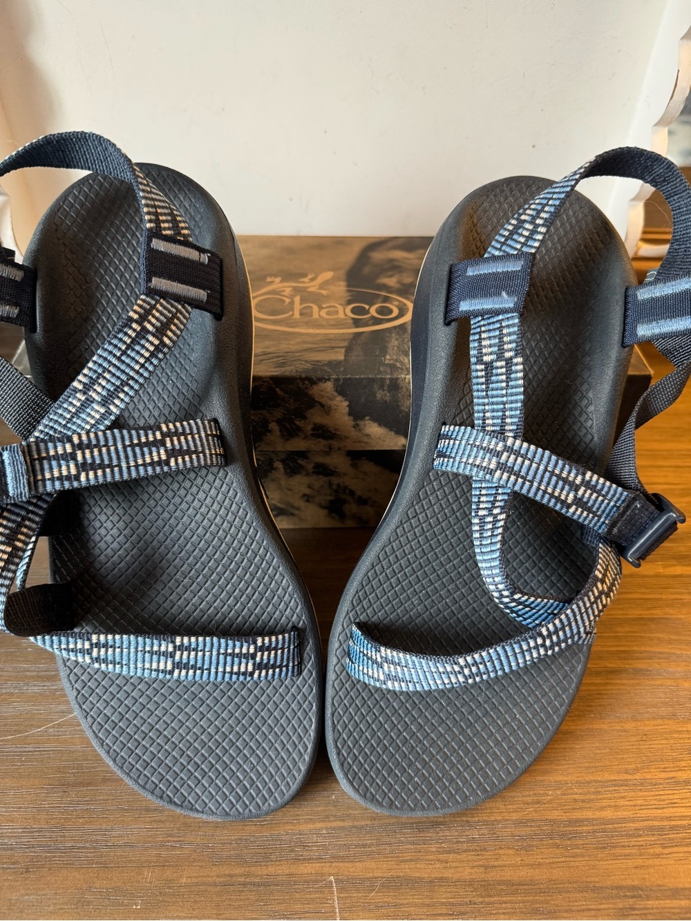 Chaco Women's Black Sandals with Blue Patterned Straps